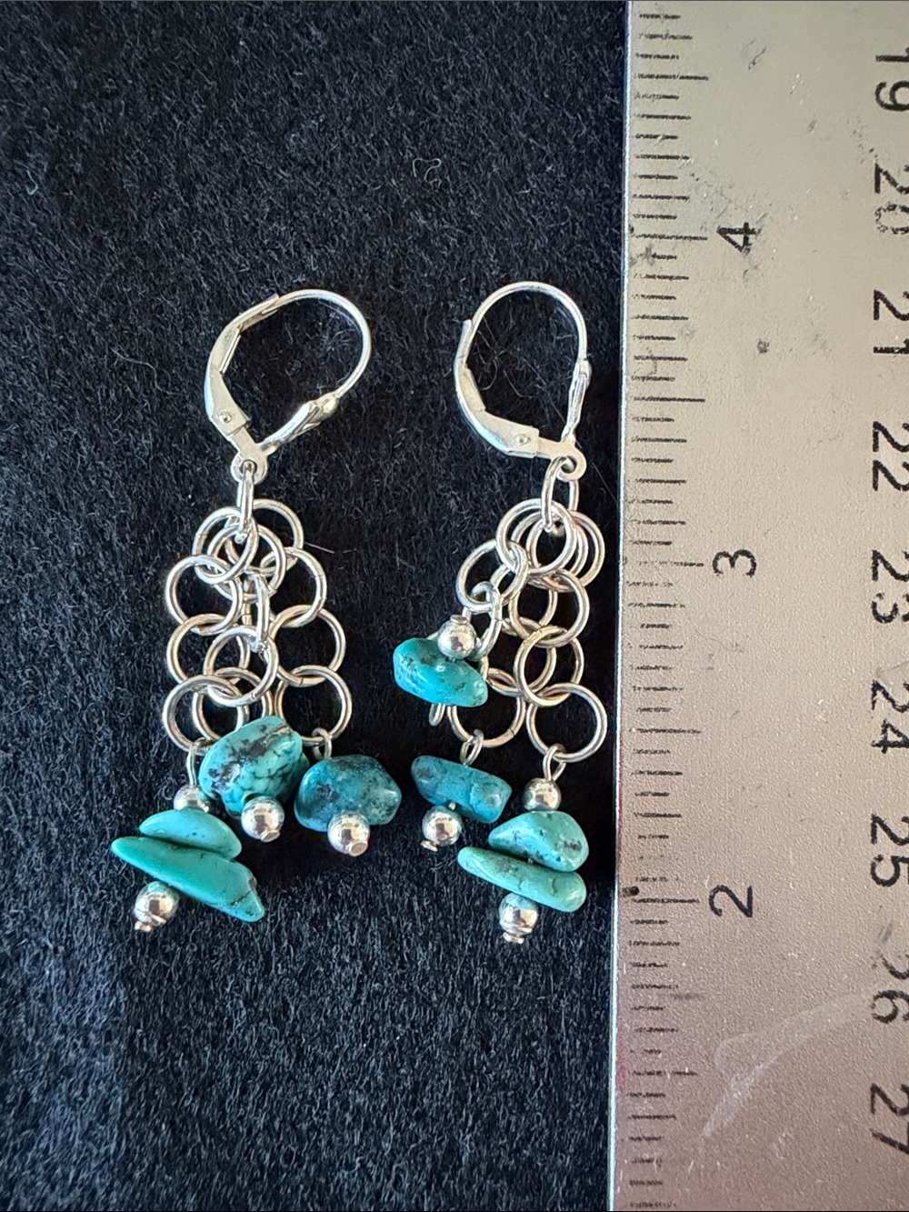Turquoise Dangle Chainmaille Earrings - Silver Tone